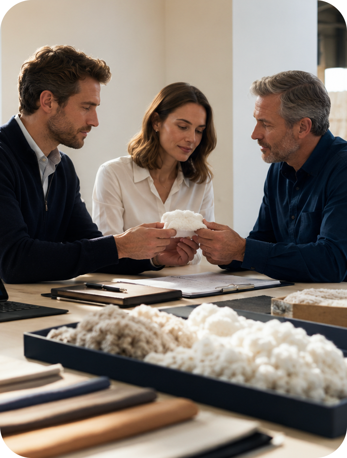 Cotton professionals reviewing fibre and supply documentation